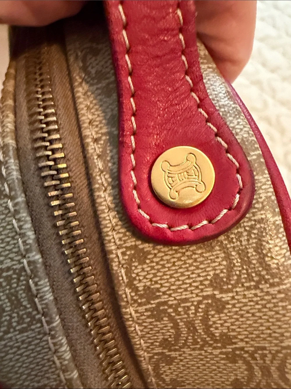 Celine Beige Monogram Cosmetic Case with Red Trim